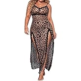 Hilinker Womens Plus Size Leopard Mesh Lingerie Dress Split Long Slip Lace Trim Chemise Nightgown