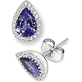 KOKAV 14K White Gold Genuine Tanzanite 1-3/8 Ct Pear Shaped, Diamonds Earrings