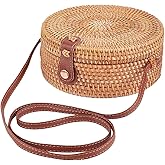 GORGECFAFT Handwoven Round Rattan Bag Large Straw Bag for Women Handmade Wicker Woven Purse Circle Oval Brown Straw Boho Bags Shoulder Imitation Leather Adjustable Strap for Women Travel