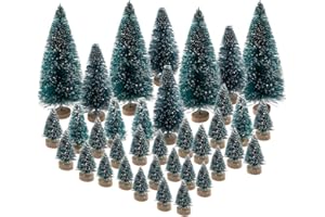 BLEBRDME 36PCS Mini Artificial Christmas Trees Plastic Sisal Trees Bottle Brush Trees Snow Frost Ornaments with Wood Base for Christmas Home Party Table Top Decor Winter Crafts