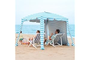 MOJEST Beach Cabana - 6FT Beach Umbrella with UPF 100+ UV Protection & Sunshade Curtain - Waterproof Tent - Portable Shade, Easy to Set Up, Perfect for Family & Friends (Aqua Stripe)