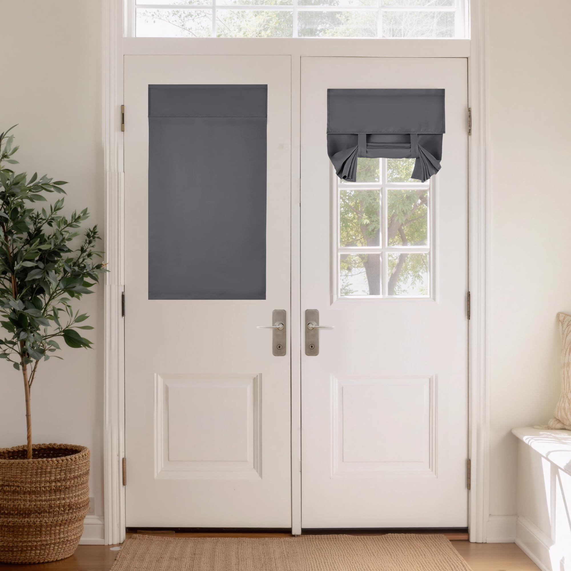 PONY DANCE Blackout French Door Curtain – W26 x L40 inch Thermal Insulated Short Privacy Shade for Patio/Front Door/Sidelights, No-Drill Tie-Up Design, Grey, 1PC