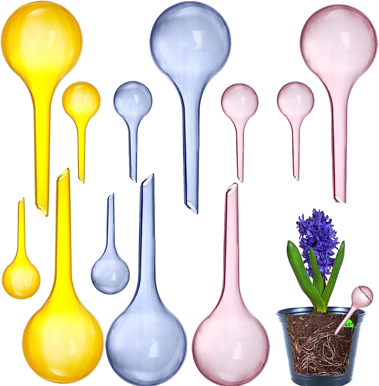 Yopay 12 Pieces Plant Watering Bulbs, Automatic Self-Watering Globes Tools Set, Indoor Plastic Balls Vacation Houseplant Garden Waterer Flower Water Device Drip for Plant, Blue, Yellow, Pink