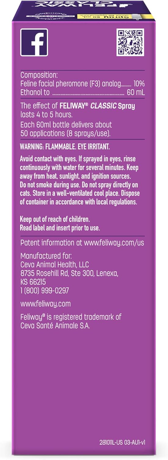 FELIWAY Cat Calming Pheromone Spray (60ML) | #1 Vet Recommended Solution | Reduce Anxiety for Vet Visits, Travel, Loud Noises and More, Model Number: 281011E : Pet Supplies