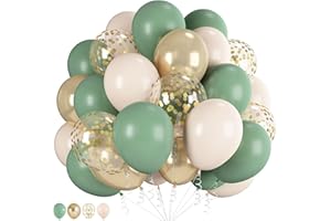 Sage Green Gold Balloons, 60 Pcs 12 Inch Olive Green White Balloons with Metallic Gold Confetti Balloon for Birthday Wedding 