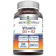 Amazing Formulas Vitamin D3 5000 IU with Vitamin K2 100 Mcg| 250 Veggie Capsules | D3 + K2 Complex | Non-GMO | Gluten Free | Made in USA