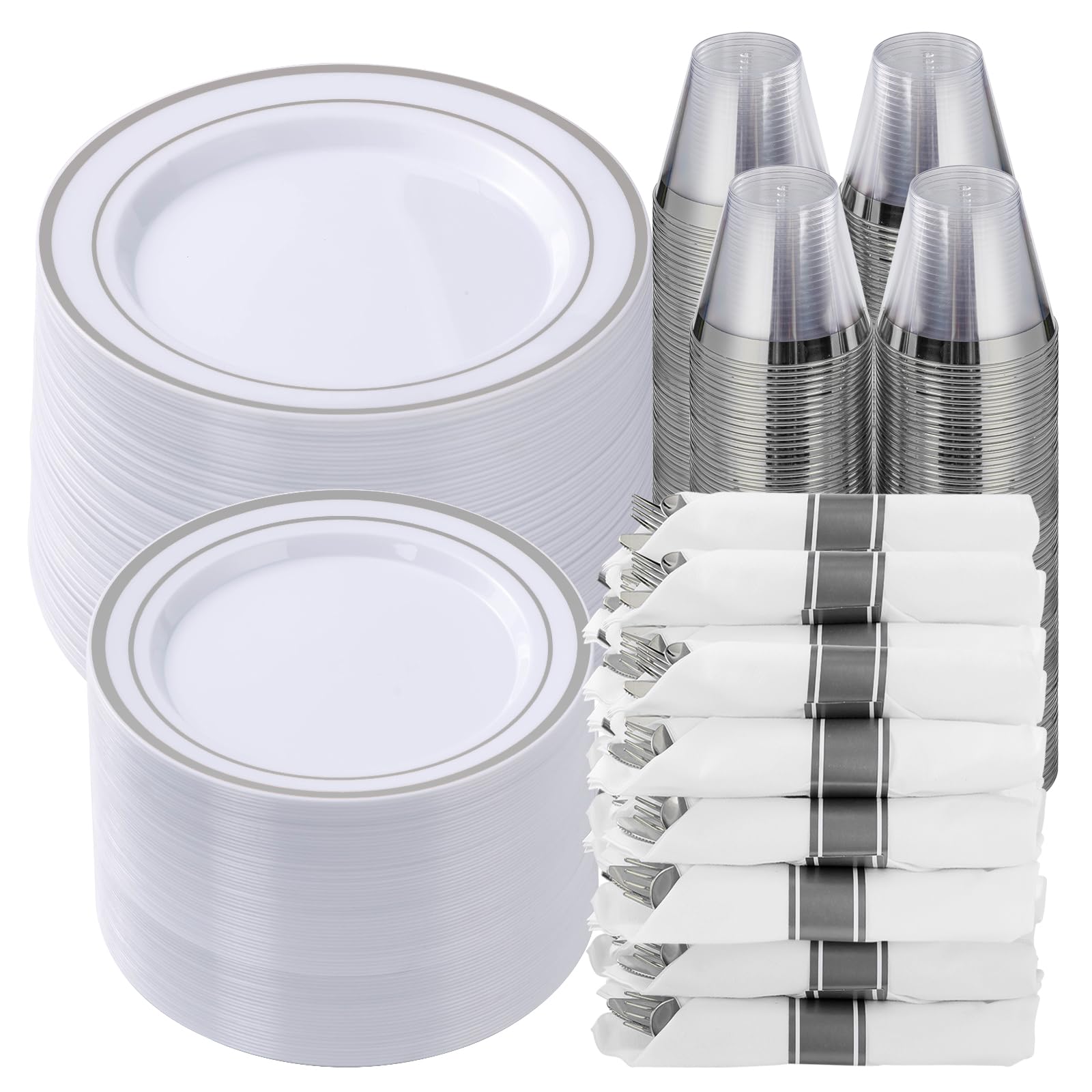 Photo 1 of Goodluck 700 Piece Silver Plastic Dinnerware Set for 100 Guests, Disposable Plates for Party, Include: 100 Dinner Plates, 100 Dessert Plates, 100 Pre Rolled Napkins with Silverware, 100 Cups