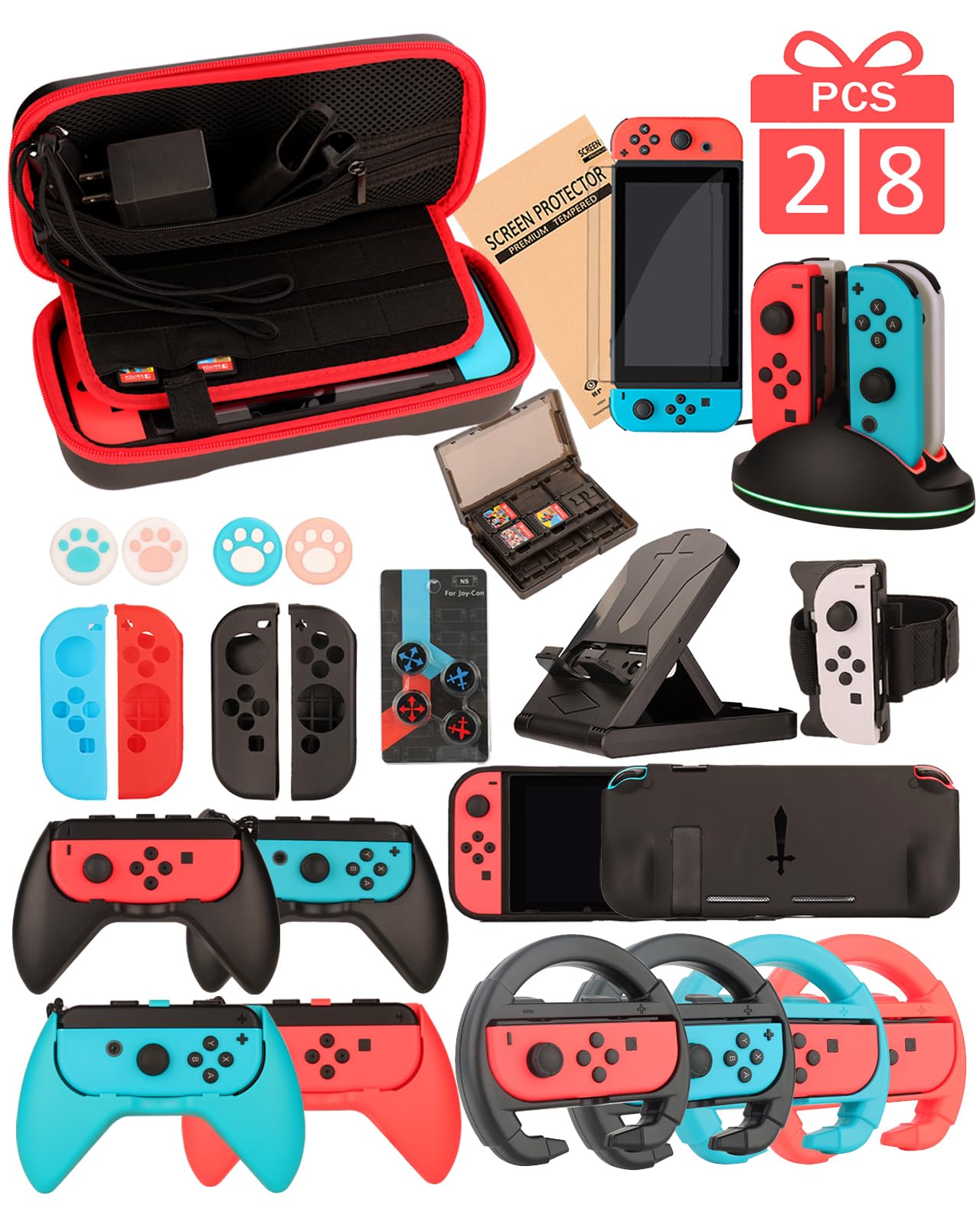 Photo 1 of Switch Accessories - Family Bundle Accessories for Nintendo Switch, Carry Case& Screen Protector,4 Pack Joy Con Grips and Steering Wheels, Case Cover,Stand Mount,Joy Con Charger and More