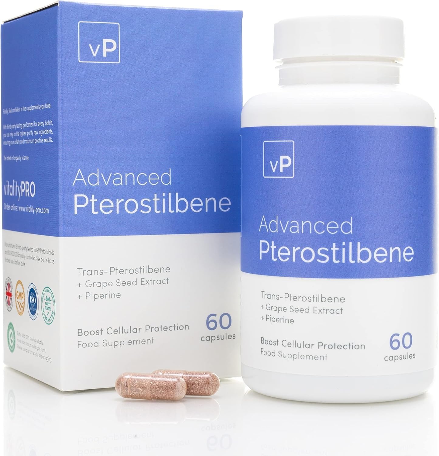 vP Vitality Pro Advanced Pterostilbene 60 Capsules - Over 98% Purity Third Party Tested - Trans-Pterostilbene Supplement - Vitality Pro