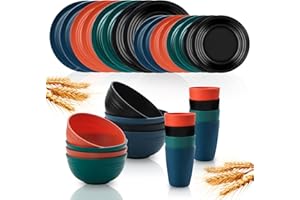 IZUROK 32 pcs Wheat Straw Dinnerware Sets Kitchen Plates and Bowls Sets for 8 Plastic Plates Reusable Dishes Set Outdoor Camping and Dinning Essentials Dishwasher Safe