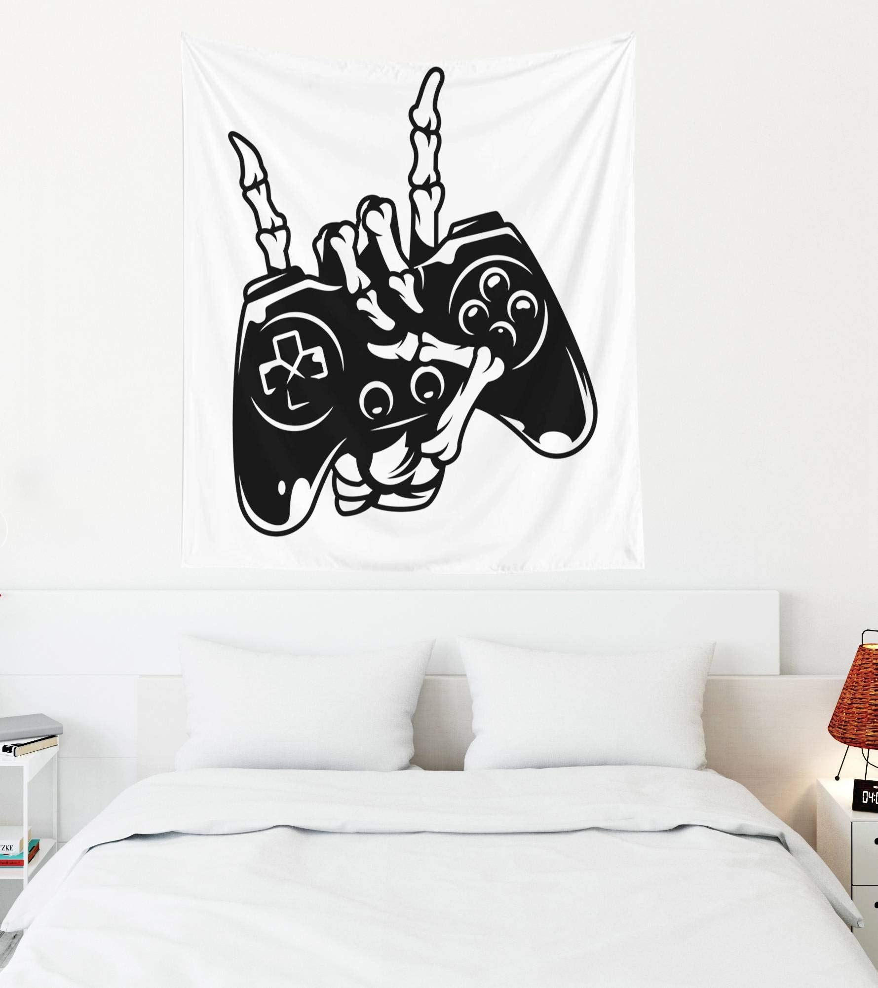 Crannel Game Wall Tapestry, Vintage Monochrome Gaming Concept Skeleton Holding Showing Rock Gesture Tapestry 50x60 Inches Wall Art Tapestries Hanging Dorm Room Living Home Decorative,White Black