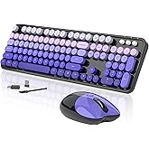 Wireless Keyboard and Mouse, 104 Round Keycaps Retro Typewriter with OTG & Brush, Full-Size Ergonomic, Ideal for Windows PC, Home, Office and College Purple Pink
