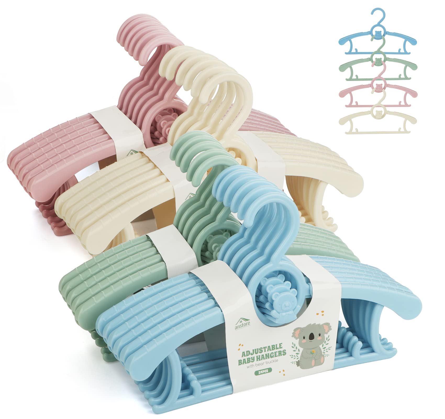 Anstore Children's Clothes Hangers, Pack of 24, Growing Children's Clothes Hangers, Space-Saving with Stackable Bear Hooks, Non-Slip Hangers for Babies and Toddlers
