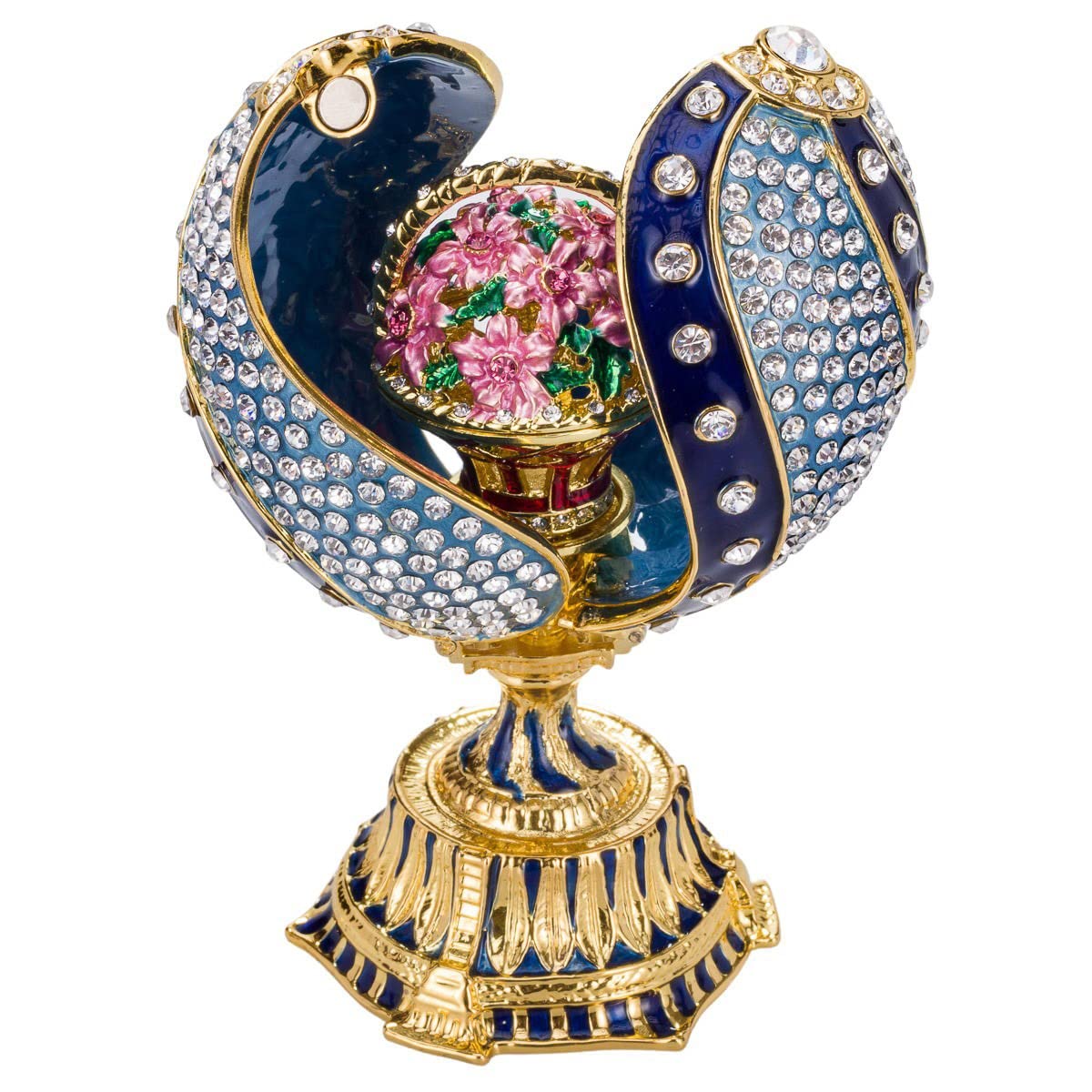 danila-souvenirs Glamorous Style Twisted Easter Egg Trinket Jewel Box with Basket of Flowers 12 cm blue