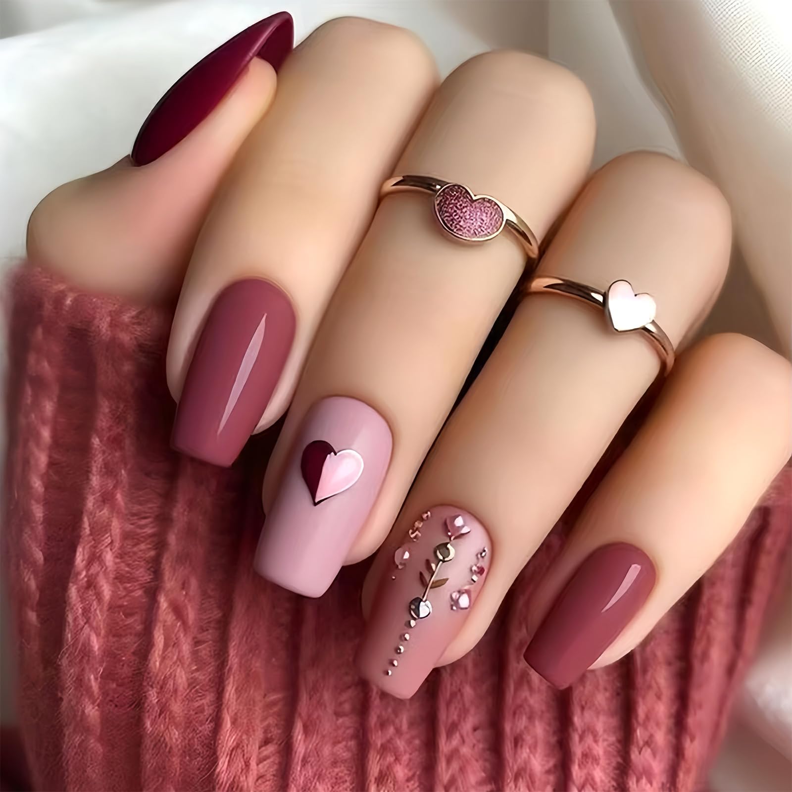 Valentines Press on Nails Medium Coffin Fake Nails Glossy Glue on Nails Pink Heart False Nails with Rhinestones Design Pink Artificial Nails Full Cover Stick on Nails for Coquette Women 24 Pcs