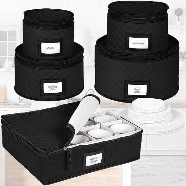 CHINA STORAGE CONTAINERS 5-PIECE SET MOVING BOXES FOR DINNERWARE, GLASSES, PLATES, MUGS AND SAUCERS STURDY QUILTED MICROFIBER DISH ORGANIZER WITH DIVIDERS FOR SEASONAL STORAGE – HOLDS SET OF 12, BLACK