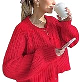 Qifeodm Womens Cardigan Sweater Chunky Knitted Crew Neck Long Sleeve Button Down Jackets Open Front Casual Loose Coat Red L