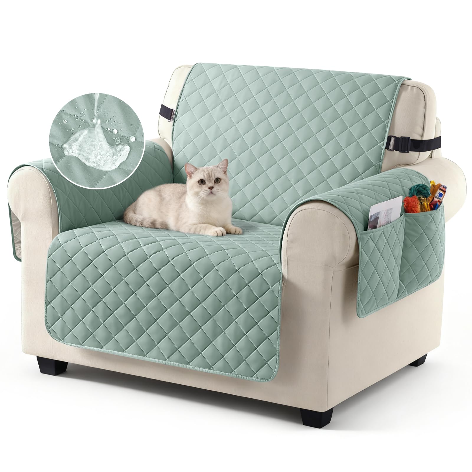 TAOCOCO Sofa Covers 100% Waterproof Sofa Slipcovers 1 Seater,Settee Covers with Storage Pockets,Non Slip Couch Covers,Washable Sofa Protector for Kids/Dogs/Pets(Mint Green)
