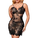 Kolagri Womens Lace Babydoll Lingerie Sexy Spaghetti Strap Chemises Mesh Sheer Nightgowns Sleepwear Mini Dresses