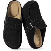 Rihero Women's Suede Clogs Slip On Mules Shoes with Wide Moc Toe | Comfortable Cork Footbed,Non Slip TPR Outsole,Light Arch Support,Adjustable Buckle,Ideal for Daily Wear &amp; Casual Outing