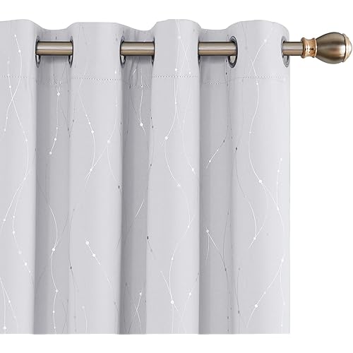 Deconovo Printed White Curtains Wave Line with Dots Grommet Blackout Window Curtains for Bedroom 52 x 95 Inch Greyish White 2 Panels
