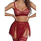 Avidlove Women's Lingerie Set 3 Piece Garter Lingerie Lace Bra and Skirt Set S-XXL