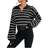Milumia Women Striped Collar V Neck Crop Sweater Long Sleeve Drop Shoulder Pullover Tops