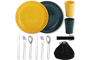 Evanda Camping Mess Kits, Reusable Light Weight Mug, Plate and Stainless Steel Cutlery Set with Black Bag, Dishwasher Safe