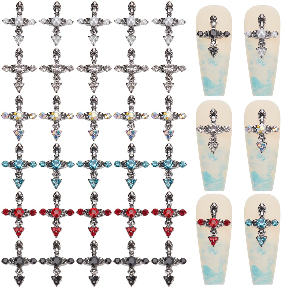 CRASPIRE 36Pcs Cross Nail Charms 3D Y2K Luxury Nail Gems Set 6 Colors Rhinestone Metal Alloy Flat Gothic Vintage Punk Studs Decor for Women Nail Art DIY Crafts Jewelry Christmas Decor Cellphone