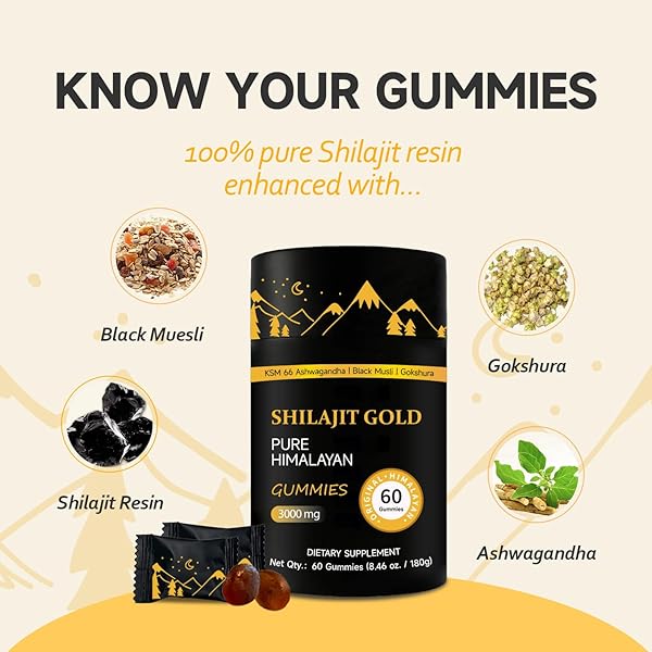 SHILAJIT GUMMIES | PURE HIMALAYAN SHILAJIT GUMMIES GOLD | ASHWAGANDHA, GOKSHURA | FULVIC ACID & 85+ TRACE MINERALS FOR MEN, WOMEN | NON-GMO | LAB TESTED | NO ADDED SUGAR I 60 GUMMY