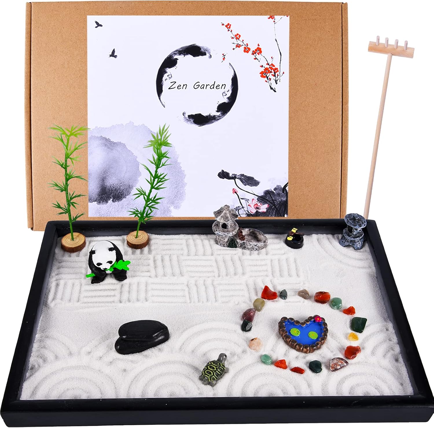 Hardscaping Materials - Zen Garden for Desk - Japanese Zen Garden Kit with Panda -12x8 Large - Mini Zen Pond,Sand,Chakra Stone, Accessories - Office Desk Meditation Gifts with Rake Tools and Zen Decor - Zen Garden for Kids