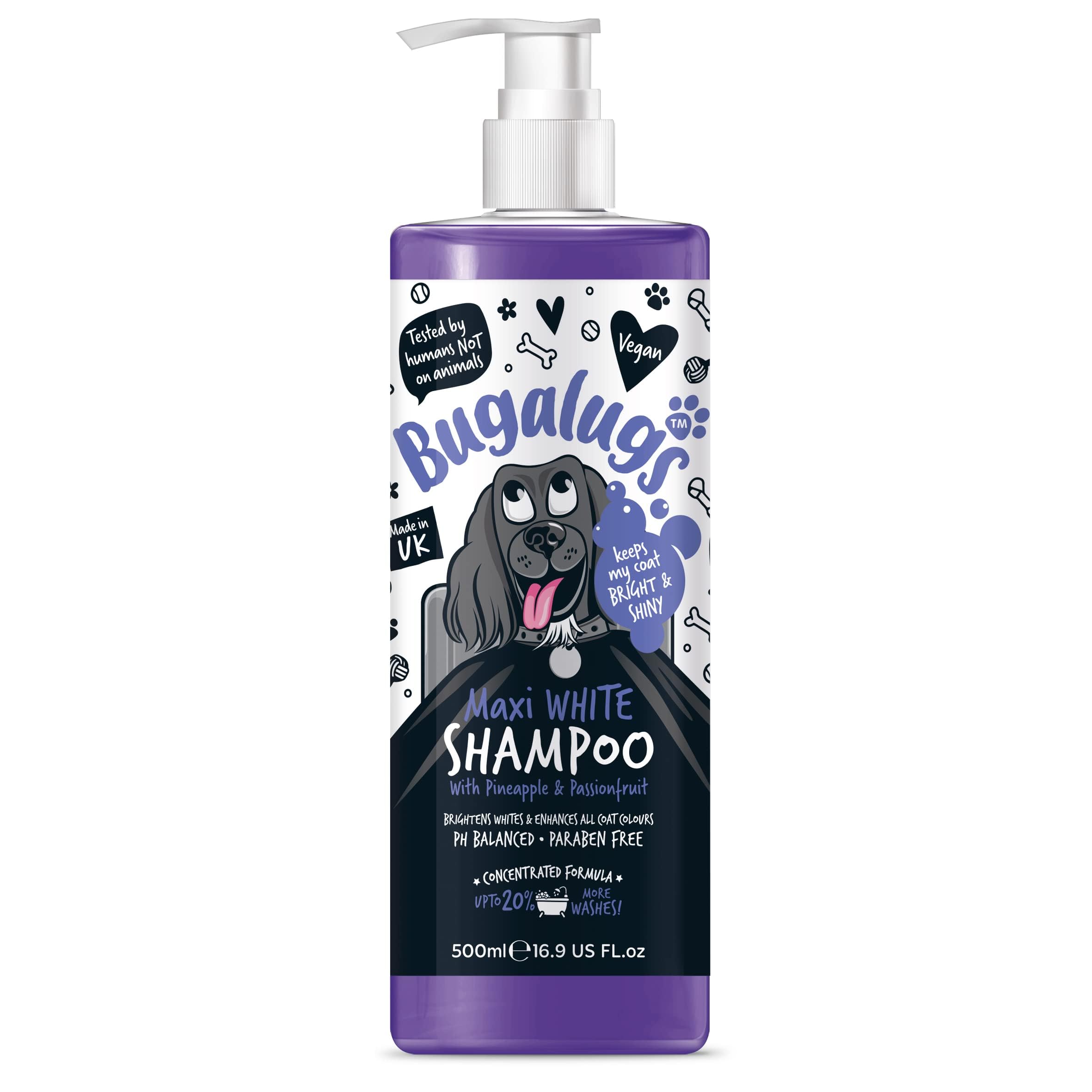 BUGALUGS Dog Shampoo – Whitening & Brightening Coat Enhancer for all coat colours, best vegan puppy dog grooming shampoo & conditioner with a Pineapple & Passionfruit (500ml)