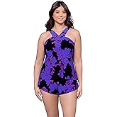 Aqua Green Womens Slimming High Neck Adjustable Swim Romper with Pockets