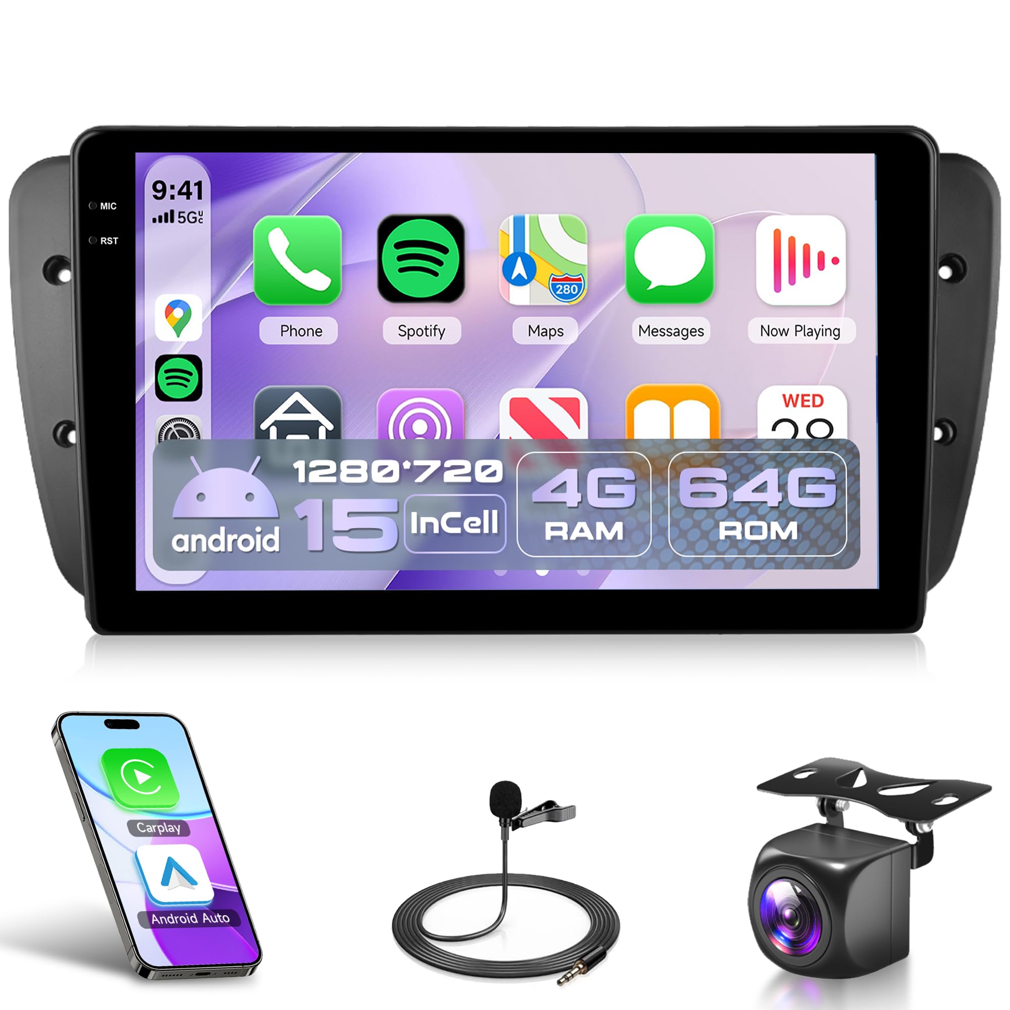 Rimoody 4G+64G Car Stereo for SEAT IBIZA 6J MK4 2009-2014 Wireless CarPlay Android Auto, Android Car Radio 9'' In-Cell Touchscreen/GPS/Bluetooth 5.0/FM RDS/EQ/Wi-Fi/Mirror Link, AHD Rear Camera