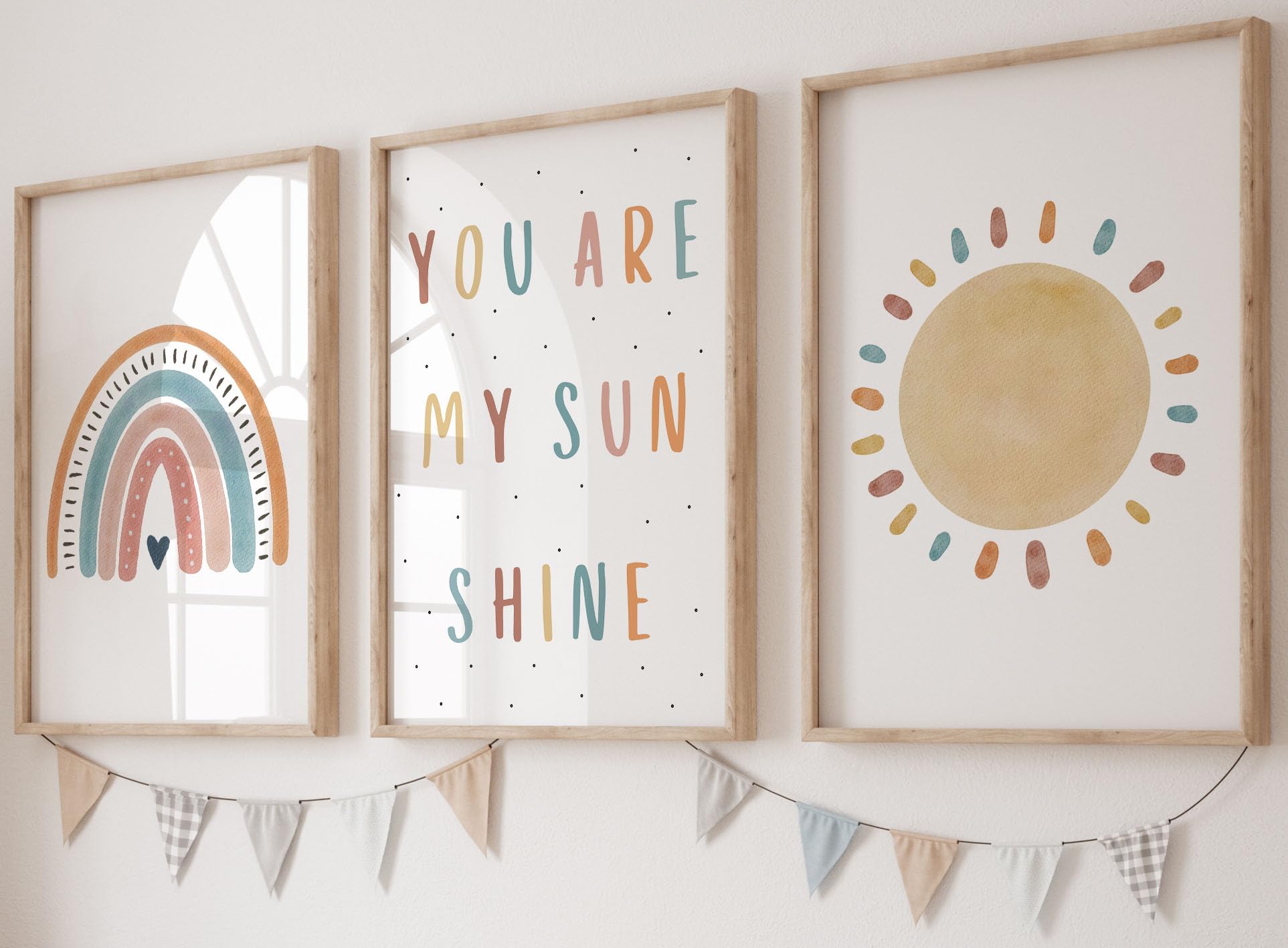 You are My Sunshine Set of 3 Unframed Prints with Rainbow, Girls Boys Nursery Bedroom Decor Wall Art, Playroom Poster, Song Lyrics Nursery Rhyme, Boho Rainbow Sun (A3)