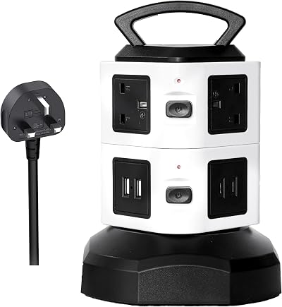 Ackly Tower Extension Lead with USB Ports 2 USB-C 4 Outlets 2m Surge Protected