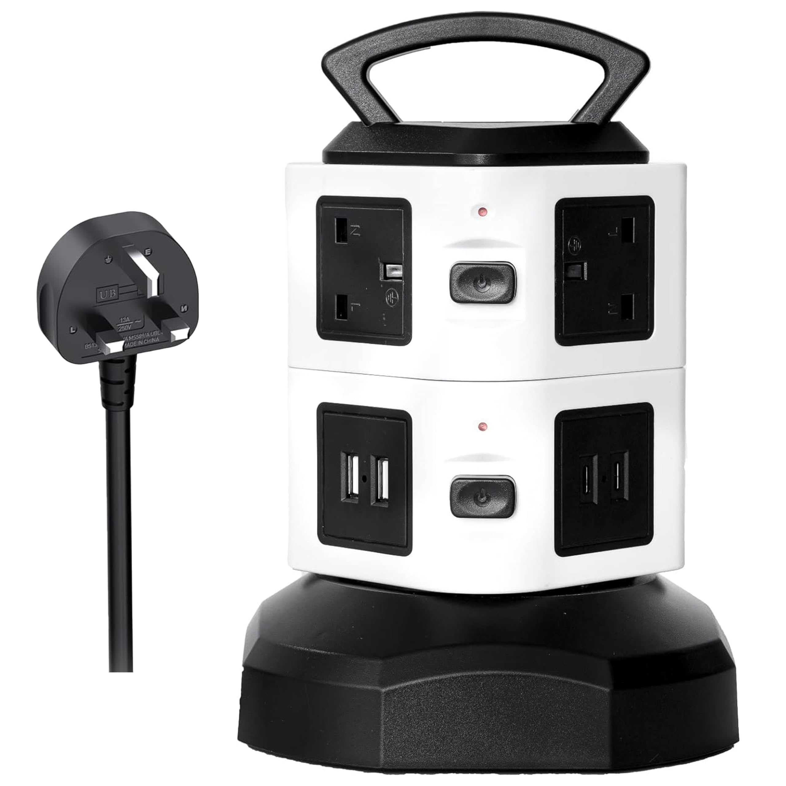 Tower Extension Lead With USB Slots - 2 USB-C - A Ports - 4 Main Outlets Multi Plug Sockets - Surge Protected Extension Lead 2m Power Strip Extension Tower Black Surge Protection