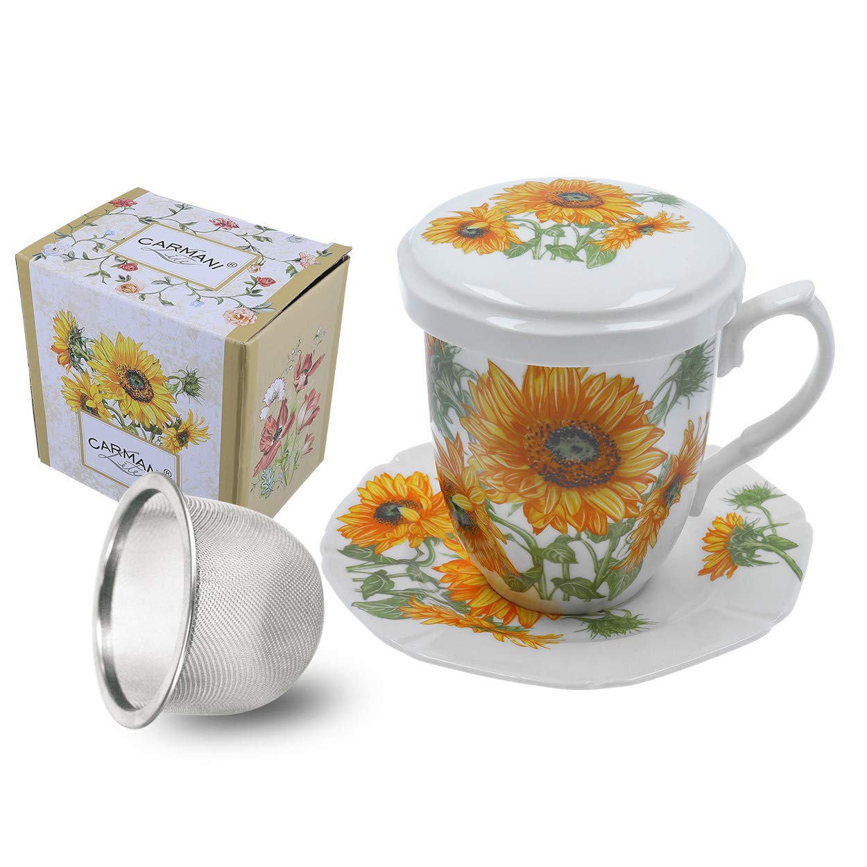 CARMANI - Tea Mug with lid and Infuser Set with Sunflowers