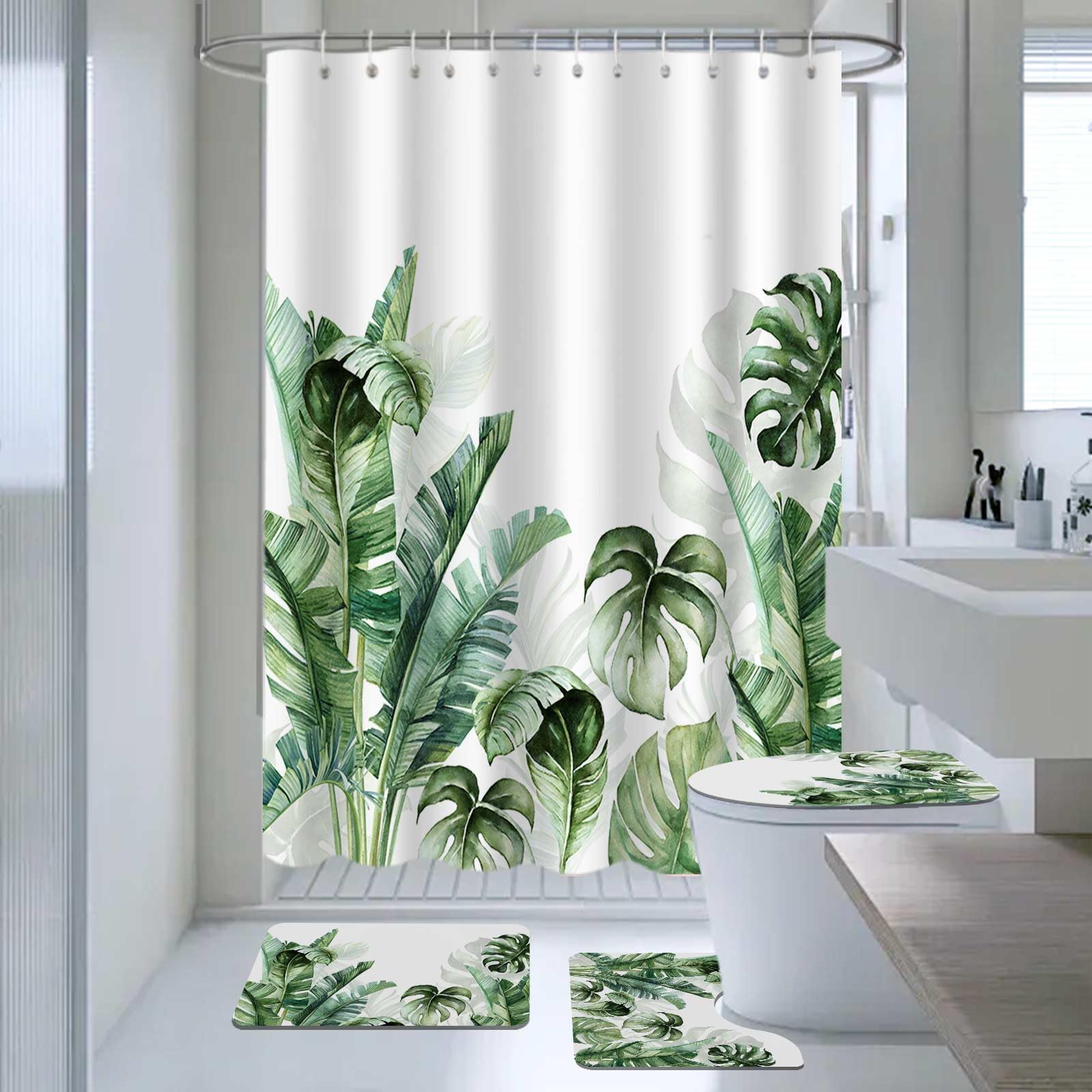 AIBIIN Green Plants Shower Curtain Sets 4 Piece Tropical Palm Leaf with Non-Slip Rugs Toilet Lid Cover and Bath Mat Modern Bath Curtains for Bathroom Decor with 12 Hooks