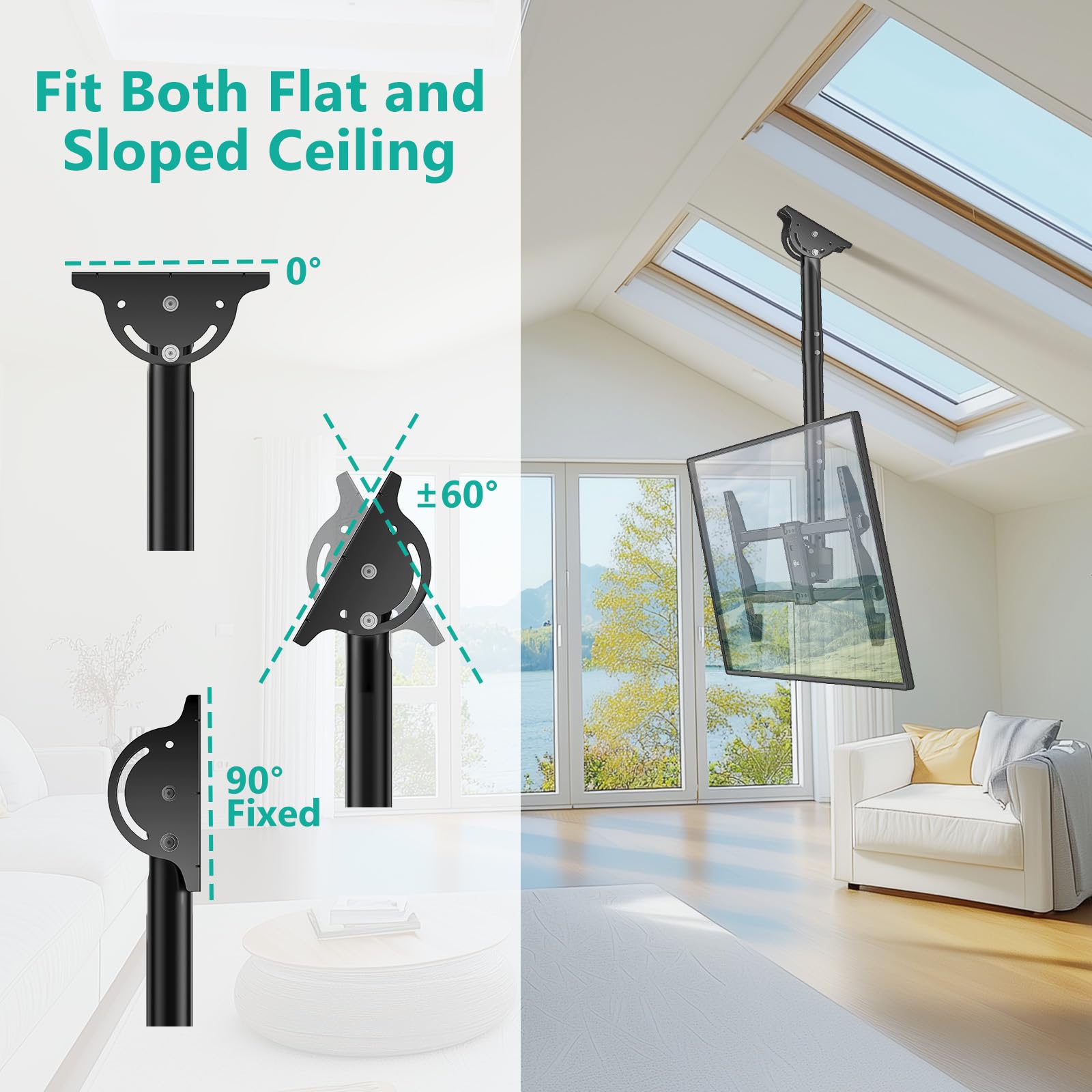WALI Ceiling TV Mount for 37-90 inch, Hanging Adjustable Ceiling Mount TV Bracket Fits Most LED, LCD, OLED 4K TVs, Holds up to 220lbs, Max VESA 800x400mm (CM3790), Black