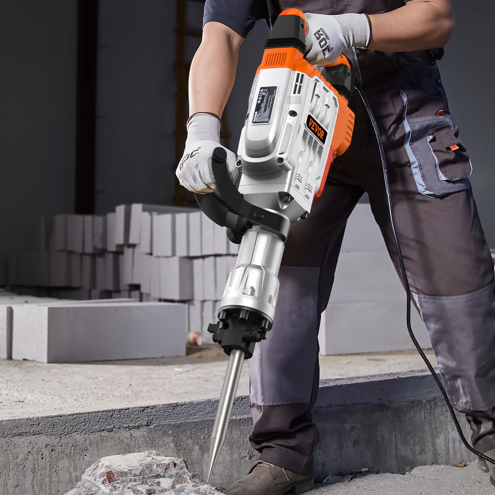 VEVOR Demolition Jack Hammer, MAX 3500W Jack Hammer Concrete Breaker 1900 BPM Heavy Duty Electric Jack Hammer, 2pcs Chisel w/Gloves & 360°C Swiveling Front Handle for Trenching and Breaking Holes
