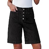 luvamia Bermuda Shorts for Women Jean High Waisted Trendy Patch Pockets Casual Summer Button Fly Stretchy Denim Shorts
