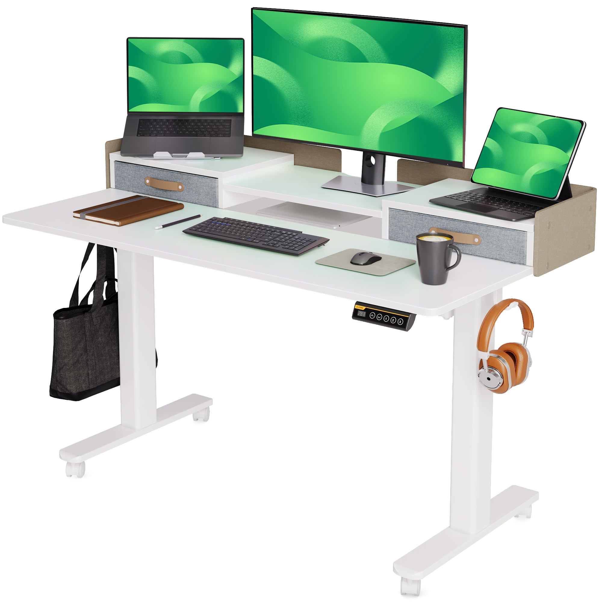 Photo 1 of Claiks Standing Desk with Drawers, Stand Up Electric Standing Desk Adjustable Height with Storage Shelf and Splice Board, 55 Inch, White
