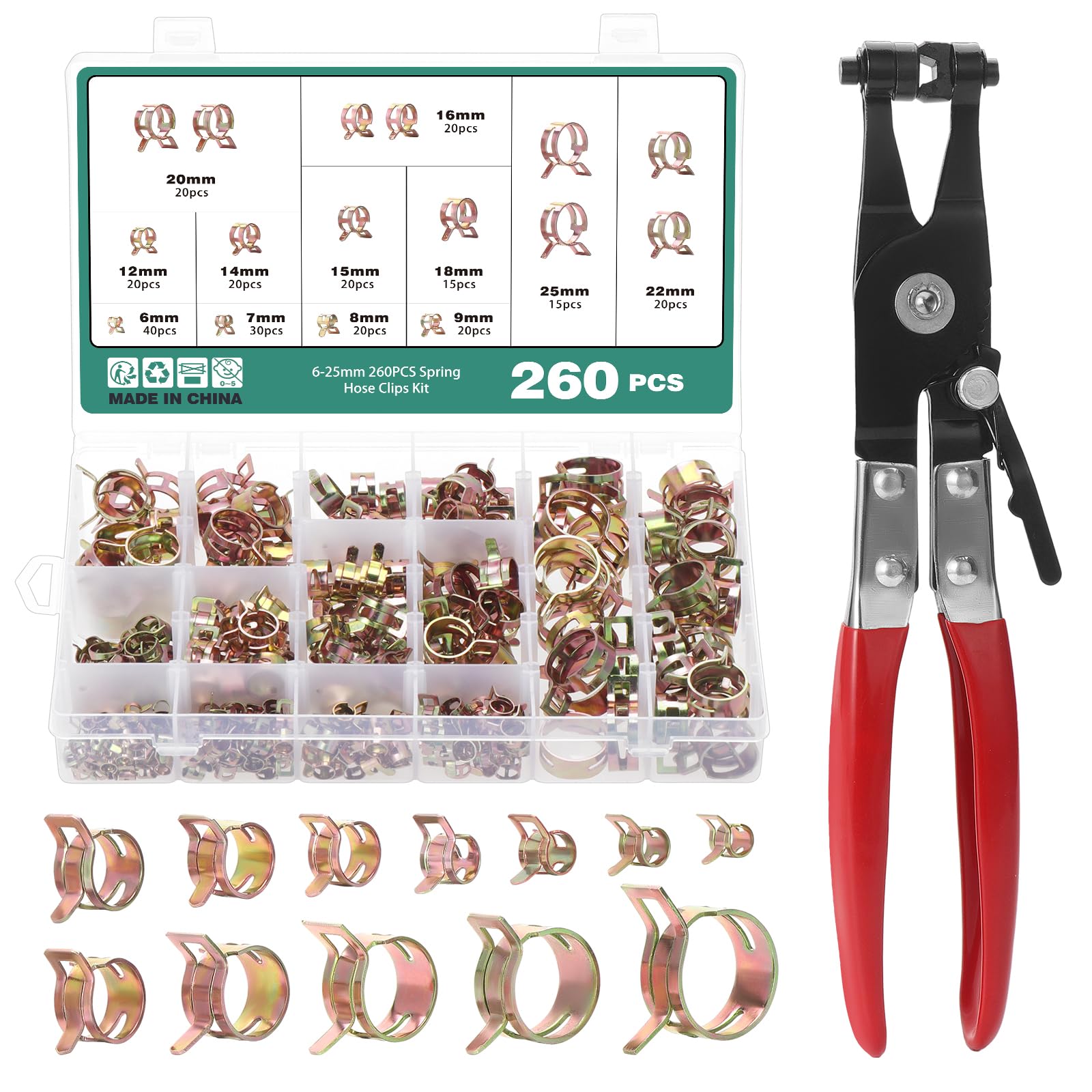 Faankiton 260PCS Fuel Line Hose Clips Water Pipe Air Tube Silicone Vacuum Hose Clamp Fastener Assortment Kit, 12 Sizes 6-25mm Fuel Line Clamps, Spring Hose Clamps, with a Hose Clamp Pliers