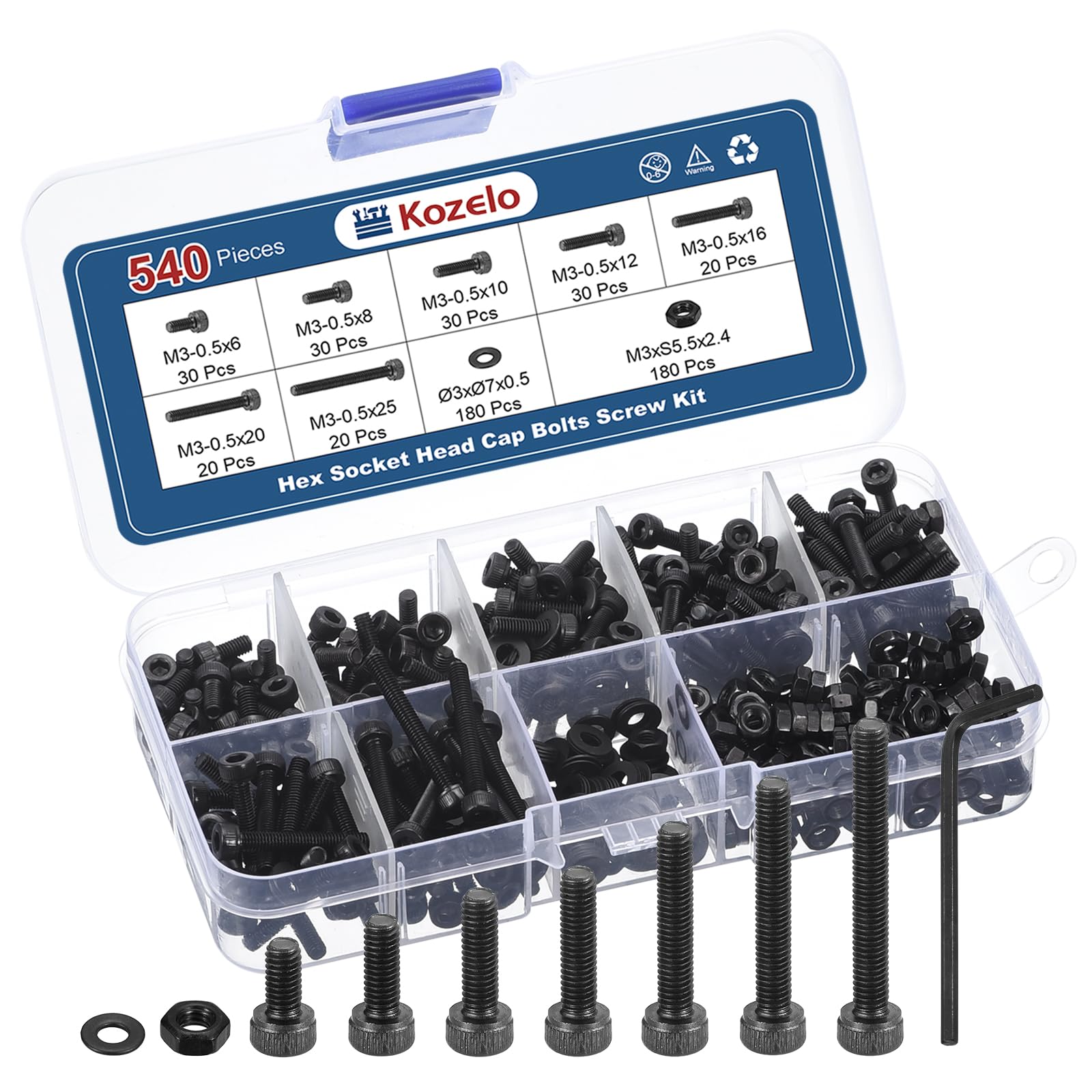 Kozelo 540pcs M3 Socket Head Cap Screws Bolts Nut Assortment Kit - [M3x6/8/10/12/16/20/25mm] Alloy Steel Fully Threaded Black Oxide 12.9 Internal Hex Screw for 3D Printer Use, with Wrench — image 1