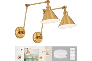 Gold Wireless Wall Sconces Set of 2 with Rechargeable Magnetic Bulb, Battery Operated Wall Sconces with Remote, Adjustable Sw
