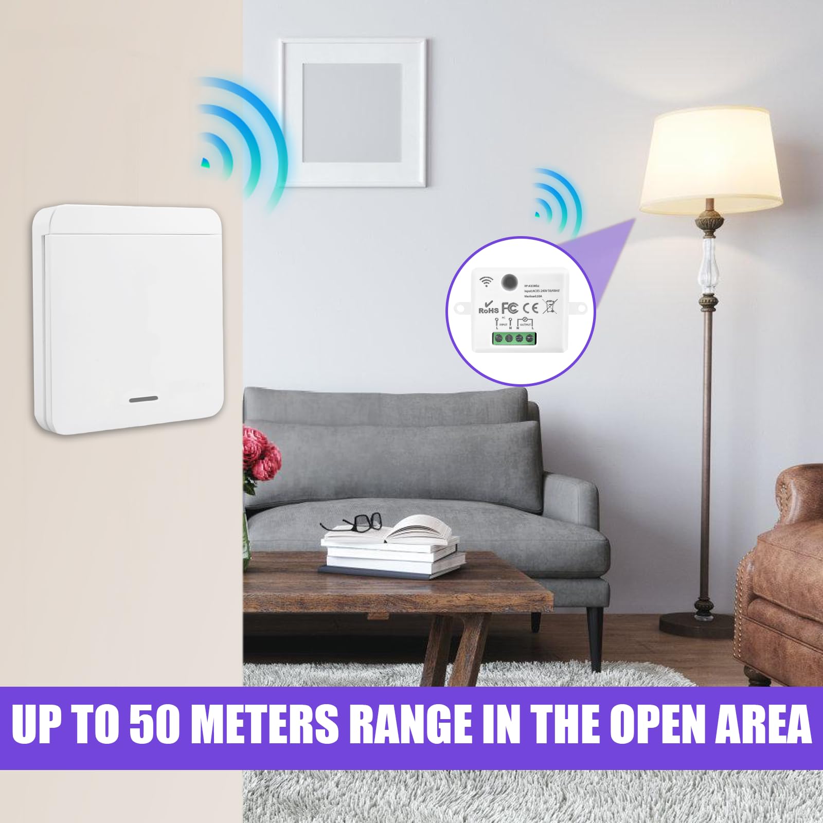 Funkschalter 230V Funk-Lichtschalter Set: WIYETY RF 433Mhz Funk Lichtschalter, Funk-Empfänger, Funkschalter Licht für Lampe, Reichweite von 30 Metern, für Lampen bis 1500W(2 Schalter 1 Empfänger) 6