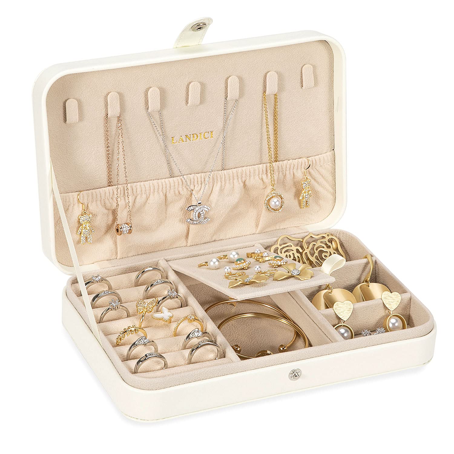 LANDICI Jewellery Box Small Jewellery Organiser for Women Girls, PU Leather Travel Jewellery Storage Case, Portable Jewellery Holder for Ring Earrings Necklace Bracelet, Jewellery Gift Box,White