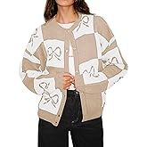 Saodimallsu Womens Checkered Sweater Bow Color Block Plaid Cardigan Long Sleeve Button Open Front Knit Coat