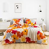 SUSYBAO Orange Flower Duvet Cover King 100% Cotton Burnt Orange Floral Duvet Cover Set 3 Piece 1 Colorful Botanical Duvet Cover with Zipper Ties 2 Pillowcases Luxury Soft Orange Bedding Set Breathable